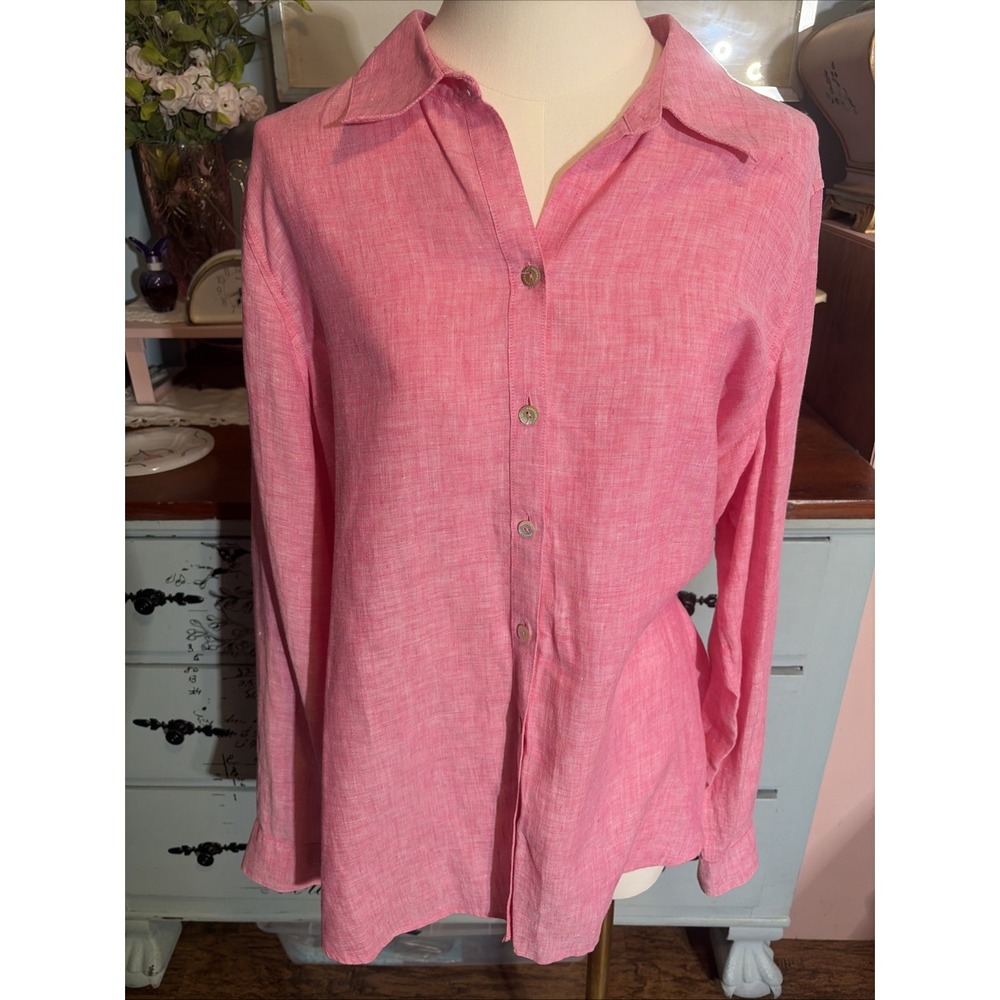 Foxcroft Women's Pink 100% Linen Woven Button-Up Long Sleeve Shirt Sz 16